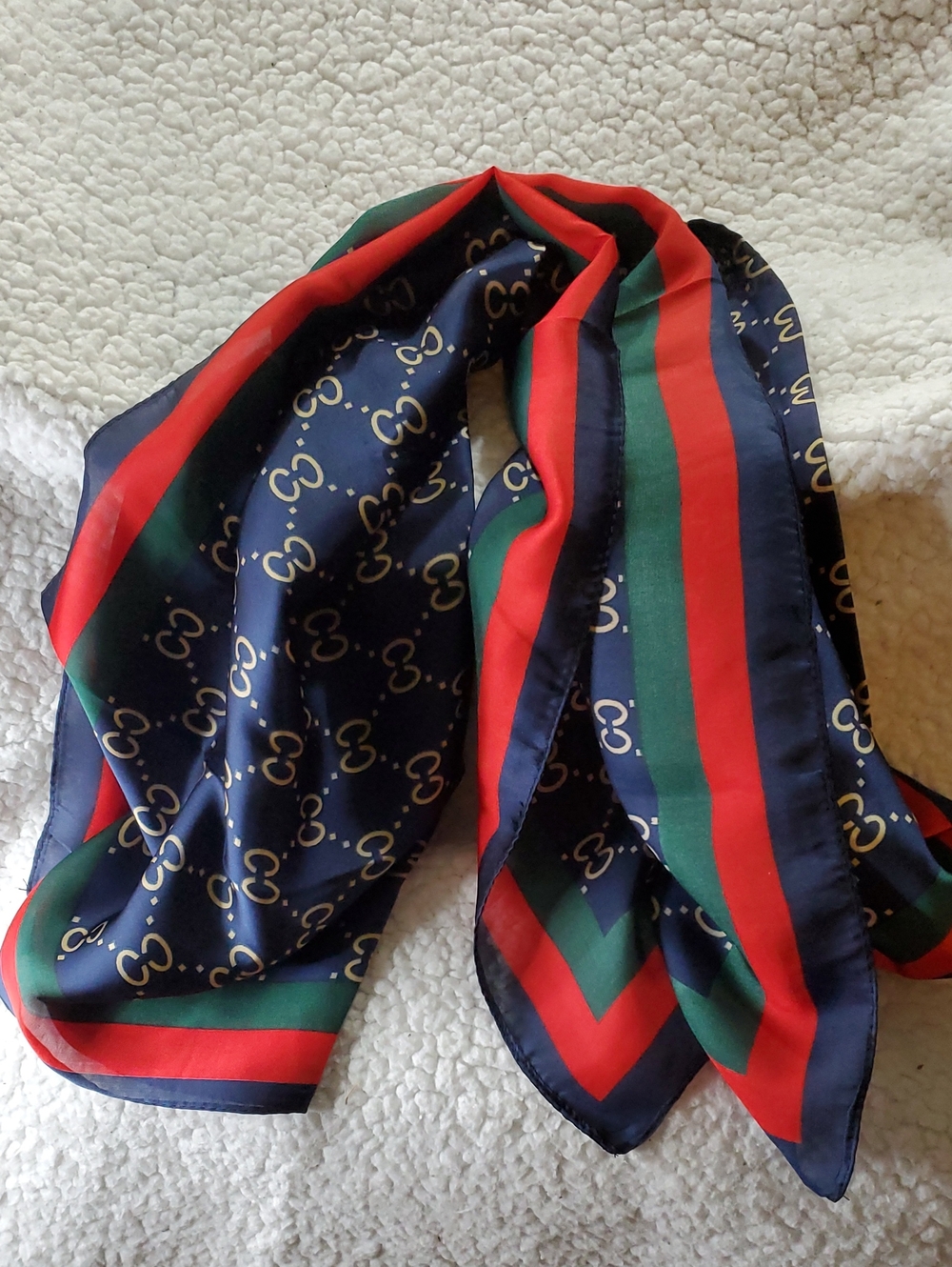 Navy Blue Red Green Logo Print Silk Scarf